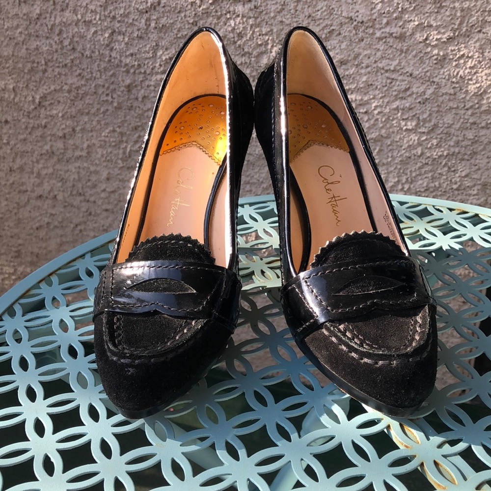 Black suede/patent Cole Haan Nike Air loafer heels